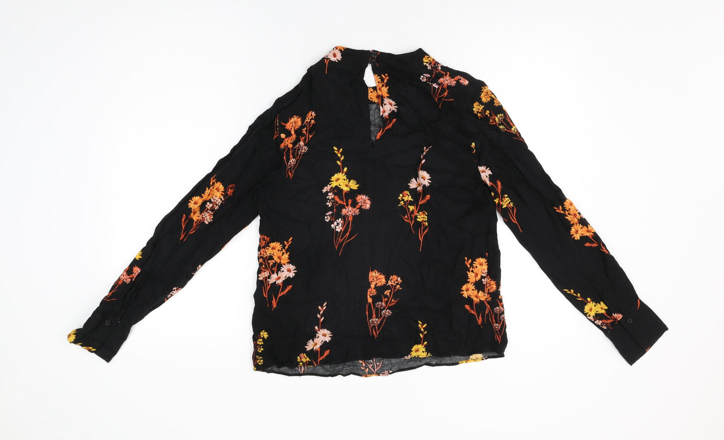 Warehouse Womens Black Floral Viscose Basic T-Shirt Size 10 Round Neck