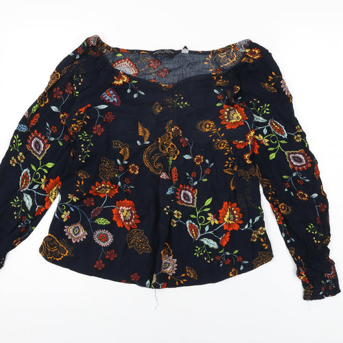 Dorothy Perkins Womens Blue Floral Viscose Basic T-Shirt Size 10 V-Neck
