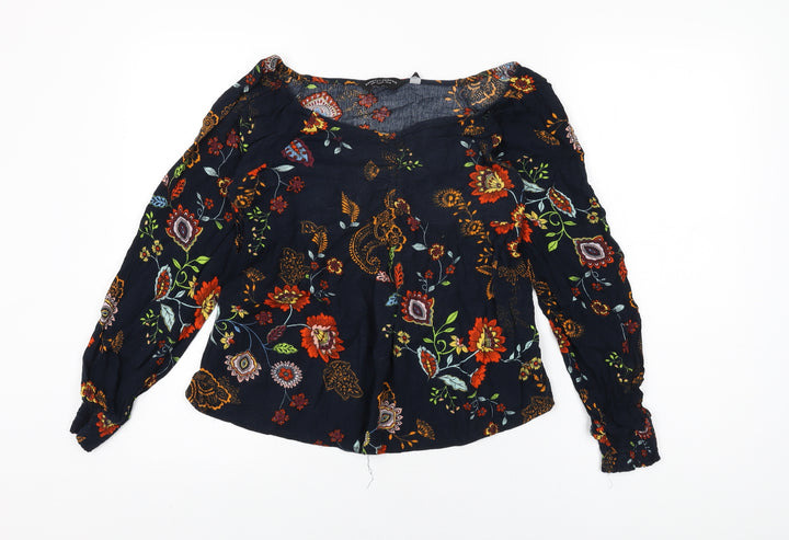 Dorothy Perkins Womens Blue Floral Viscose Basic T-Shirt Size 10 V-Neck