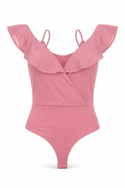 Front view of ASOS women’s pink viscose bodysuit one-piece, size UK 6, snap