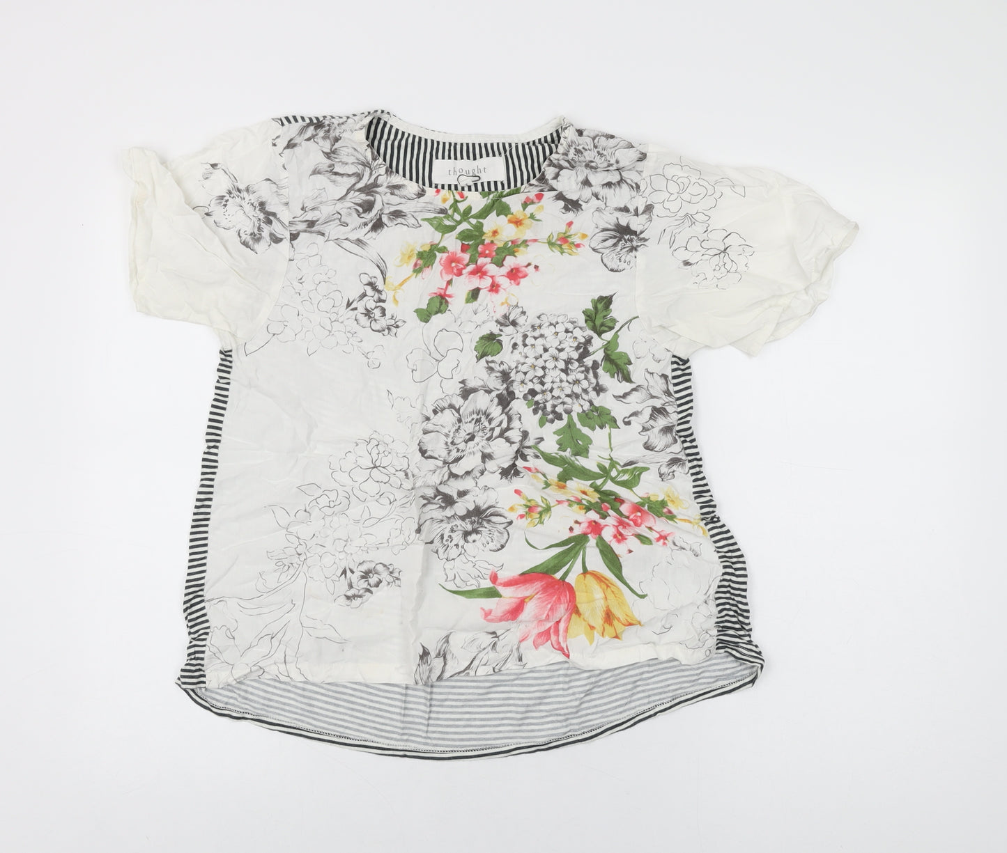 Thought Womens White Floral Lyocell Basic T-Shirt Size S Round Neck