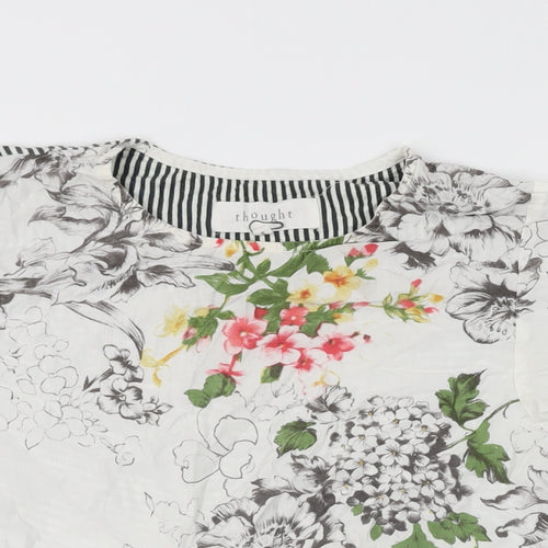 Thought Womens White Floral Lyocell Basic T-Shirt Size S Round Neck