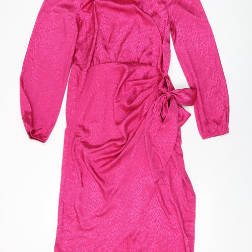 New Look Womens Pink Geometric Polyester Wrap Dress Size 12 Round Neck Tie