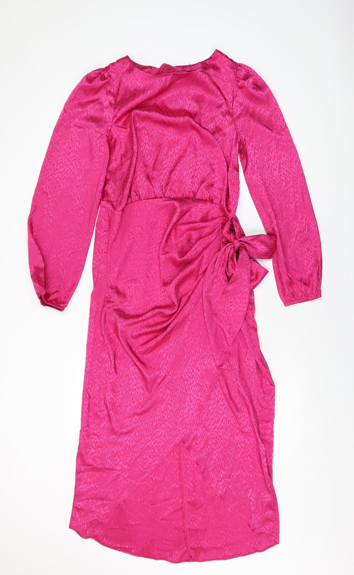 New Look Womens Pink Geometric Polyester Wrap Dress Size 12 Round Neck Tie