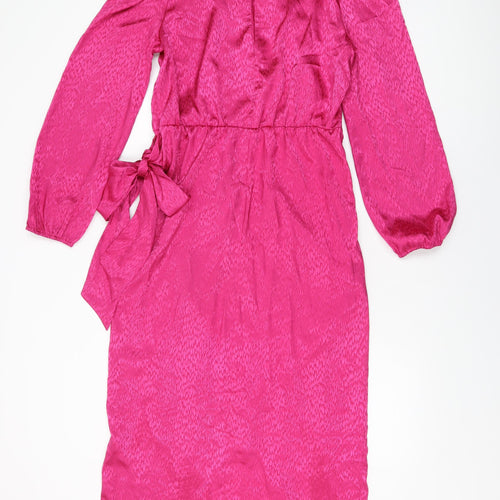 New Look Womens Pink Geometric Polyester Wrap Dress Size 12 Round Neck Tie