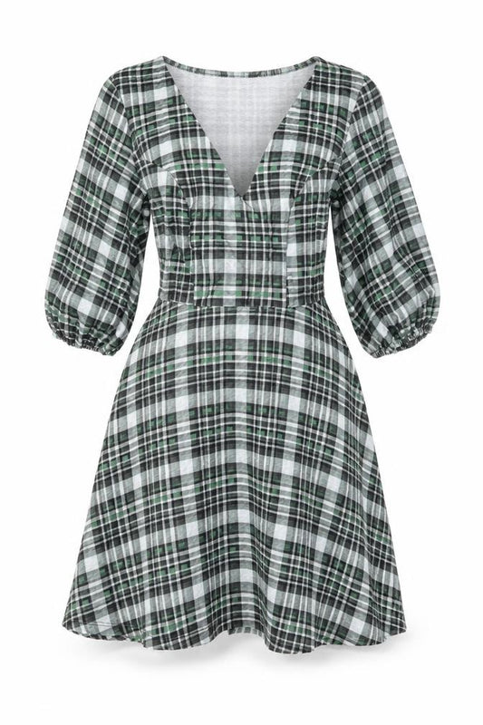 Front view of ASOS women’s green geometric polyester skater dress, size UK 8, v-neck pullover