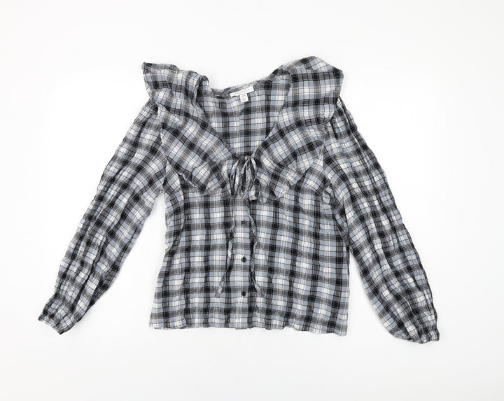 Topshop Womens Blue Geometric Viscose Basic Button-Up Size 6 V-Neck