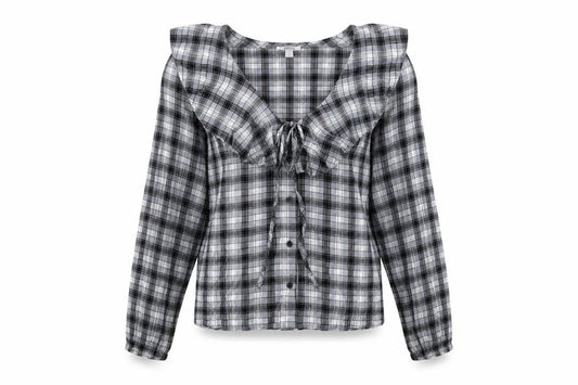 Front view of Topshop women’s blue geometric viscose basic button-up, size UK 6, v-neck