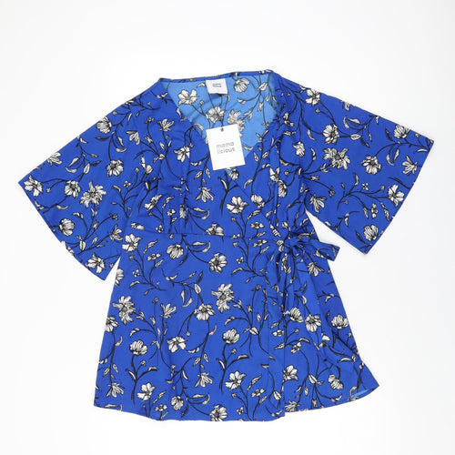 Mama-licious Womens Blue Floral Polyester Wrap T-Shirt Size S V-Neck