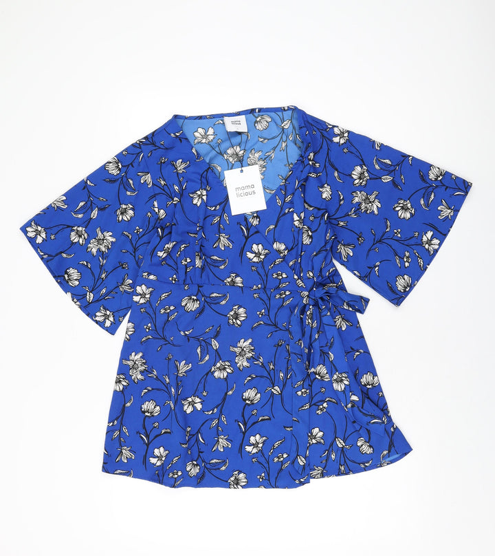 Mama-licious Womens Blue Floral Polyester Wrap T-Shirt Size S V-Neck