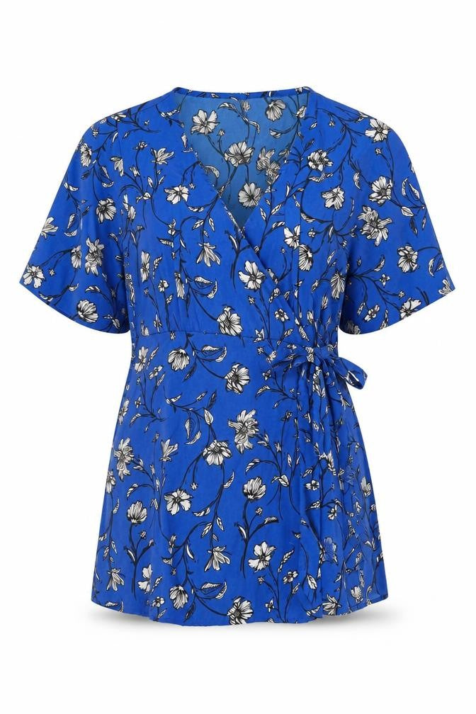 Front view of Mama-licious women’s blue floral polyester wrap t-shirt, size S, v-neck