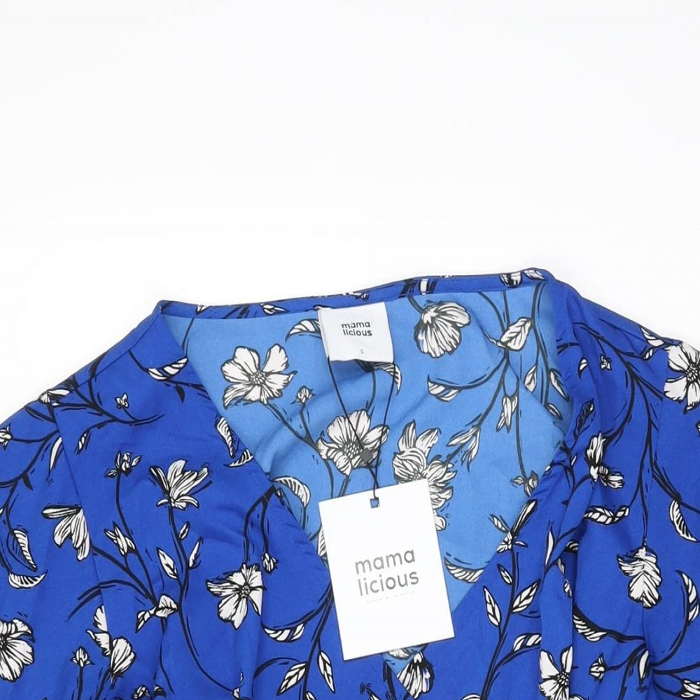 Mama-licious Womens Blue Floral Polyester Wrap T-Shirt Size S V-Neck