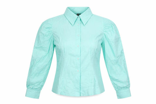 Front view of Influence women’s blue cotton basic button-up, size UK 12, collared