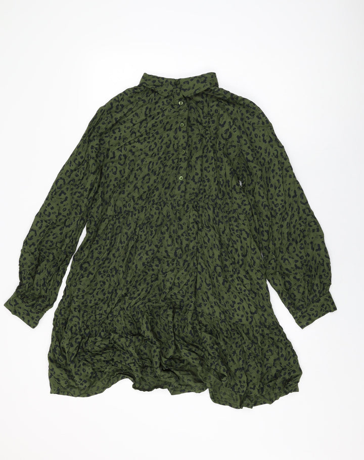 NEXT Womens Green Animal Print Viscose Shift Size 10 Collared Button