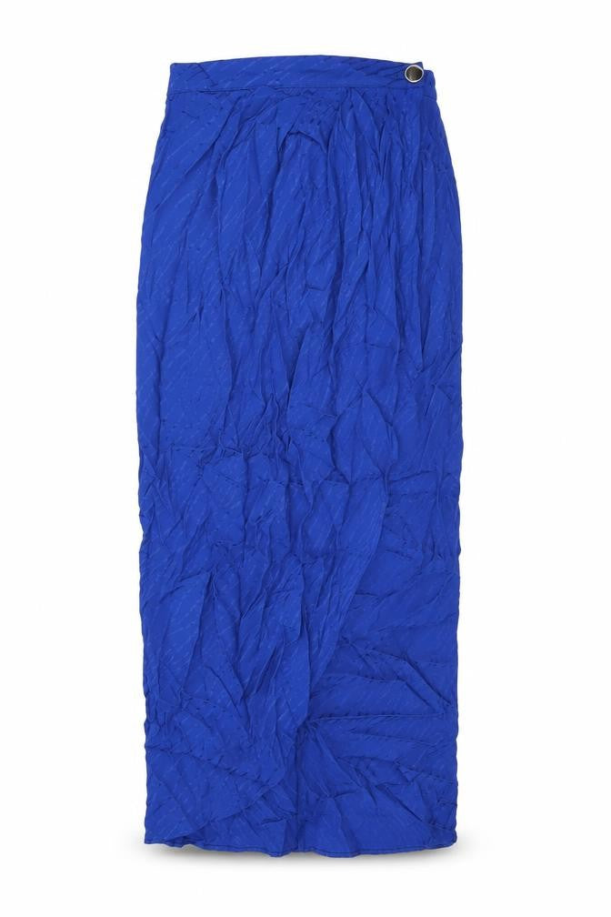 Front view of Zara women’s blue viscose wrap skirt, size S, button