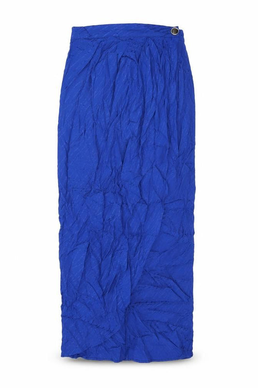 Front view of Zara women’s blue viscose wrap skirt, size S, button