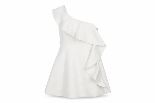 Front view of ASOS women’s white polyester skater dress, size UK 10, one shoulder zip