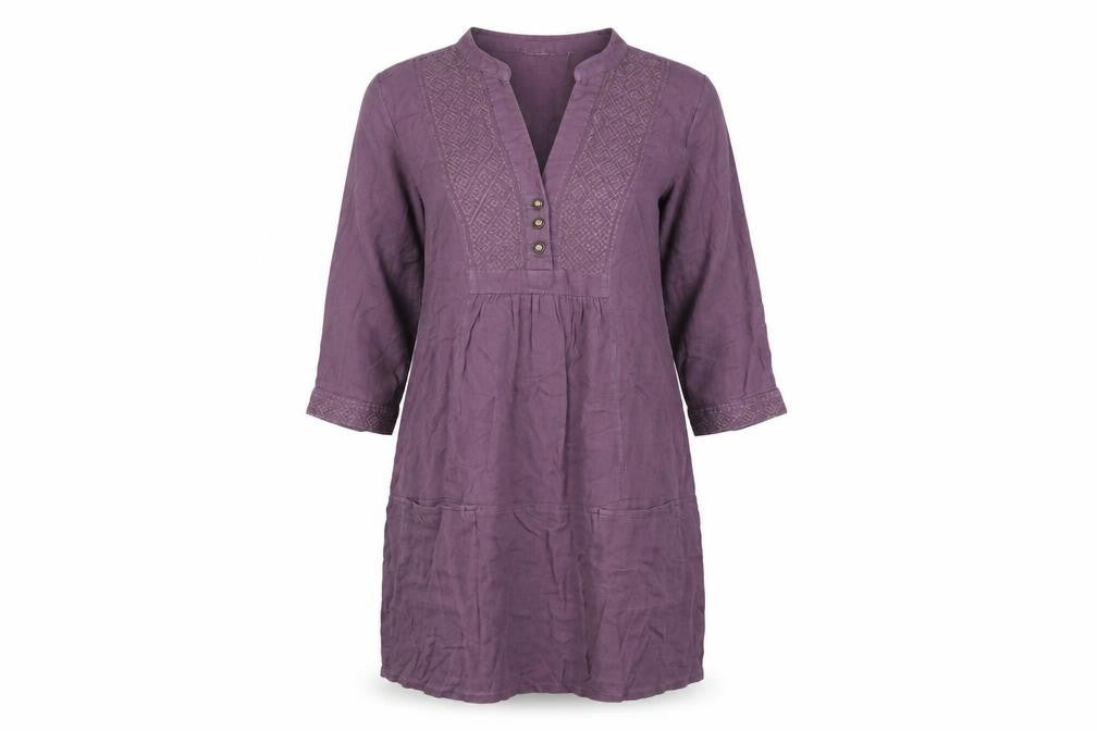 Front view of John Lewis women’s purple cotton shift, size UK 12, v-neck button