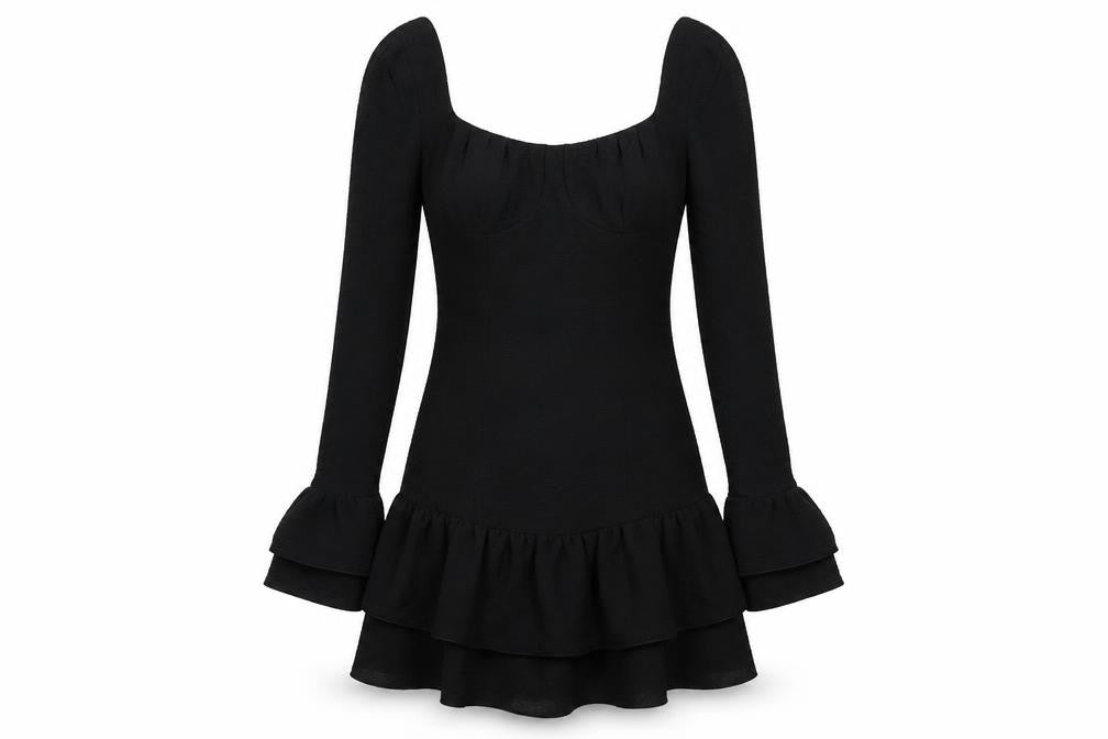 Front view of PRETTYLITTLETHING women’s black polyester mini, size UK 4, square neck zip