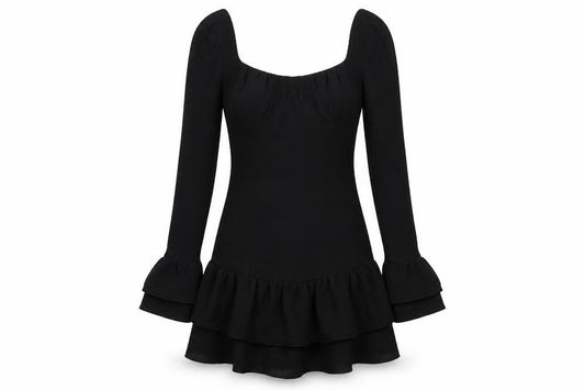 Front view of PRETTYLITTLETHING women’s black polyester mini, size UK 4, square neck zip