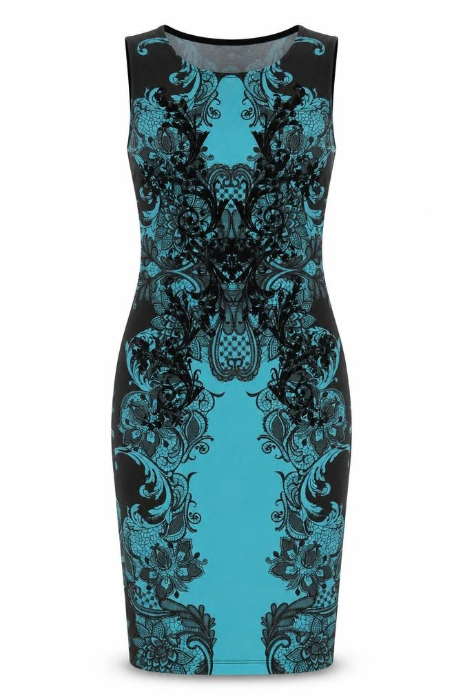 Front view of Lipsy women’s blue geometric polyester bodycon, size UK 8, round neck pullover