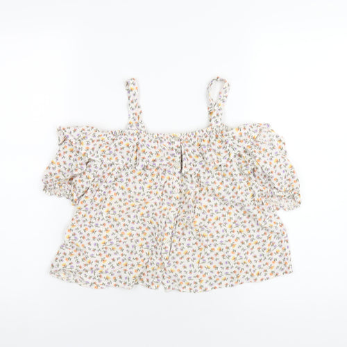 NEXT Girls Multicoloured Floral Viscose Basic T-Shirt Size 12 Years Square Neck Button