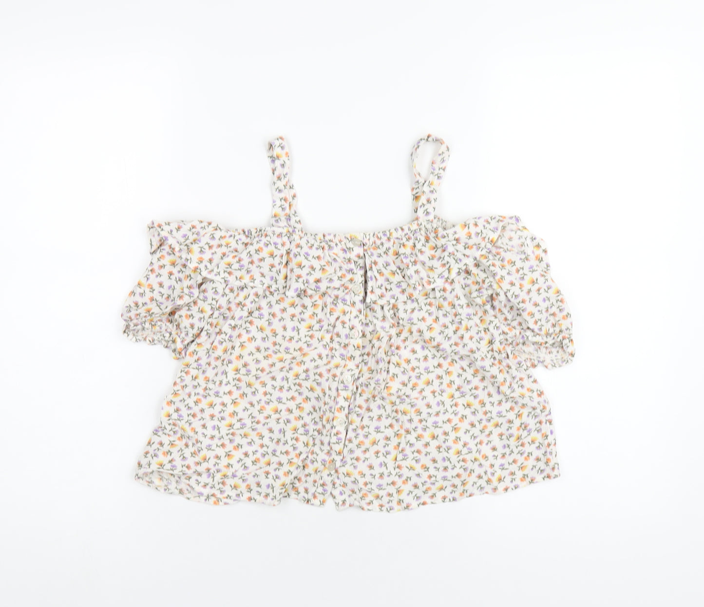 NEXT Girls Multicoloured Floral Viscose Basic T-Shirt Size 12 Years Square Neck Button