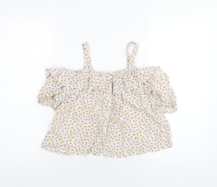NEXT Girls Multicoloured Floral Viscose Basic T-Shirt Size 12 Years Square Neck Button