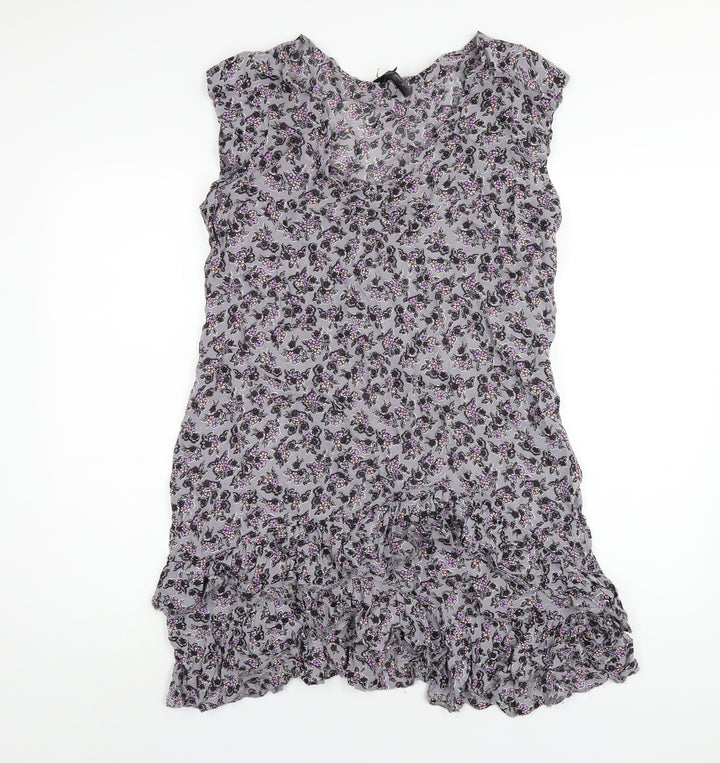 NEXT Womens Grey Floral Viscose Ball Gown Size 16 V-Neck Pullover