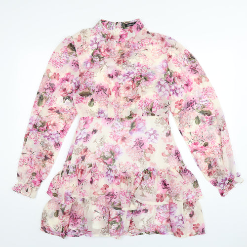 Boohoo Womens Pink Floral Polyester A-Line Size 10 Round Neck Zip