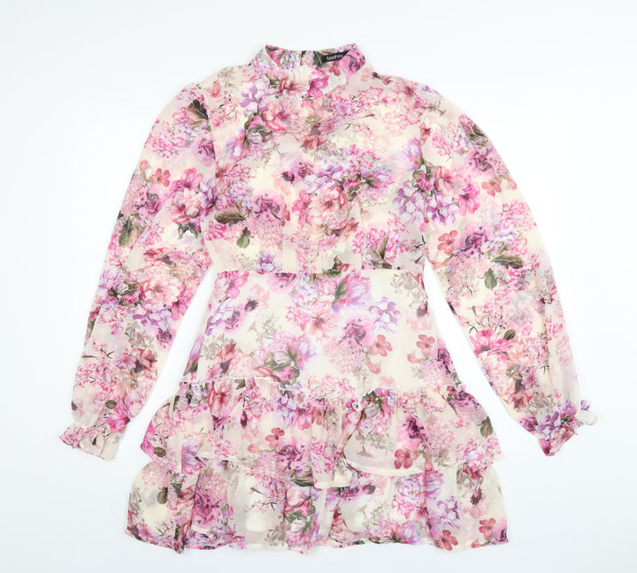 Boohoo Womens Pink Floral Polyester A-Line Size 10 Round Neck Zip