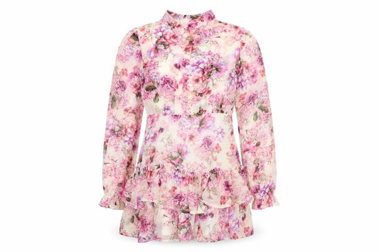 Front view of Boohoo women’s pink floral polyester a-line, size UK 10, round neck zip