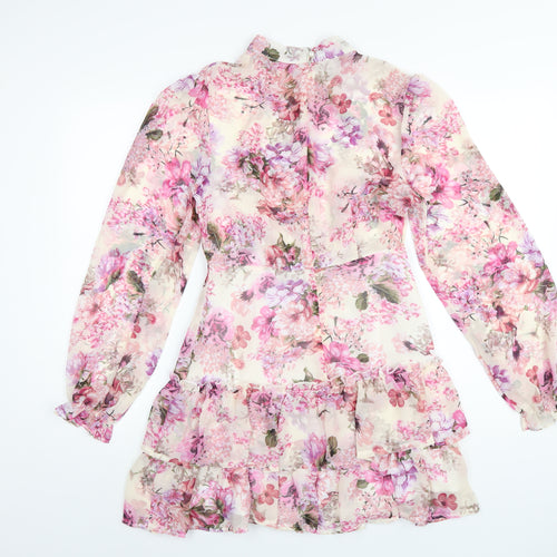 Boohoo Womens Pink Floral Polyester A-Line Size 10 Round Neck Zip