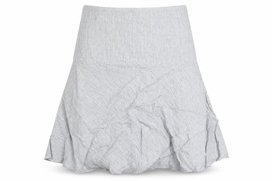 Front view of Marks & Spencer women’s blue striped linen a-line skirt, size UK 10, zip