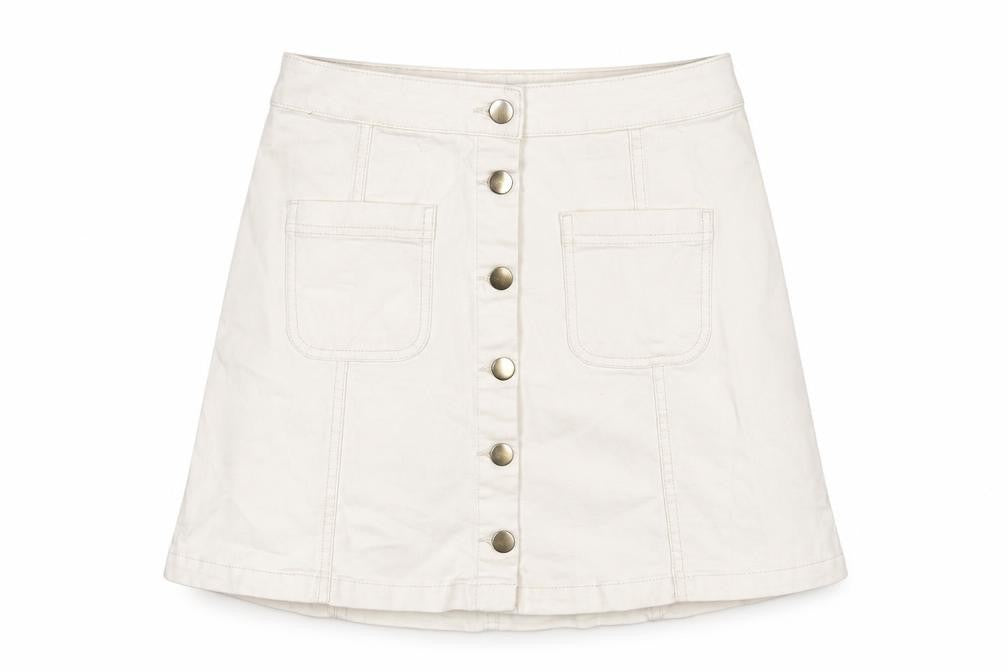 Front view of H&M women’s ivory cotton a-line skirt, size UK 10, button