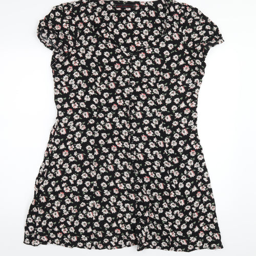 NEXT Womens Black Floral Viscose A-Line Size 16 V-Neck Button