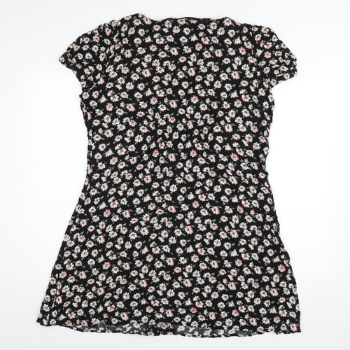 NEXT Womens Black Floral Viscose A-Line Size 16 V-Neck Button