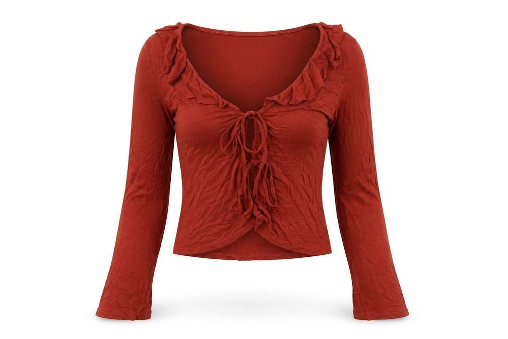 Front view of ASOS women’s orange viscose cropped blouse, size UK 8, v-neck