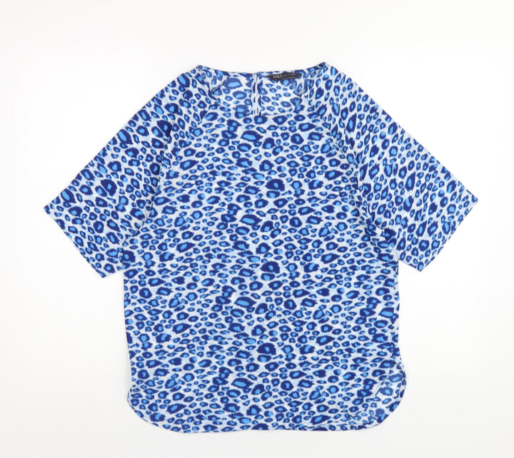 Marks and Spencer Womens Blue Animal Print Polyester Basic T-Shirt Size 8 Round Neck