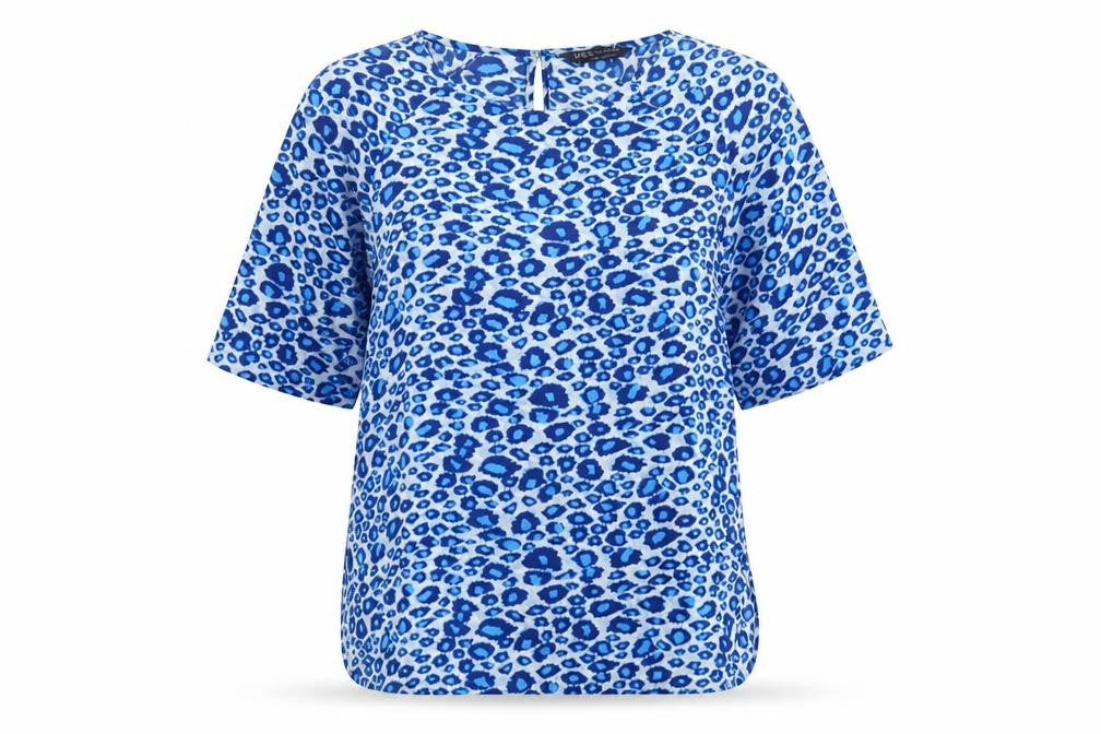 Front view of Marks & Spencer women’s blue animal print polyester basic t-shirt, size UK 8, round neck