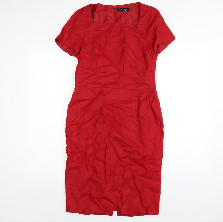Debenhams Womens Red Linen Pencil Dress Size 10 Square Neck Zip