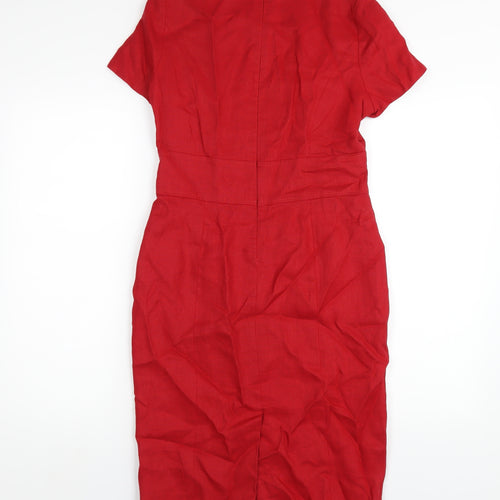 Debenhams Womens Red Linen Pencil Dress Size 10 Square Neck Zip