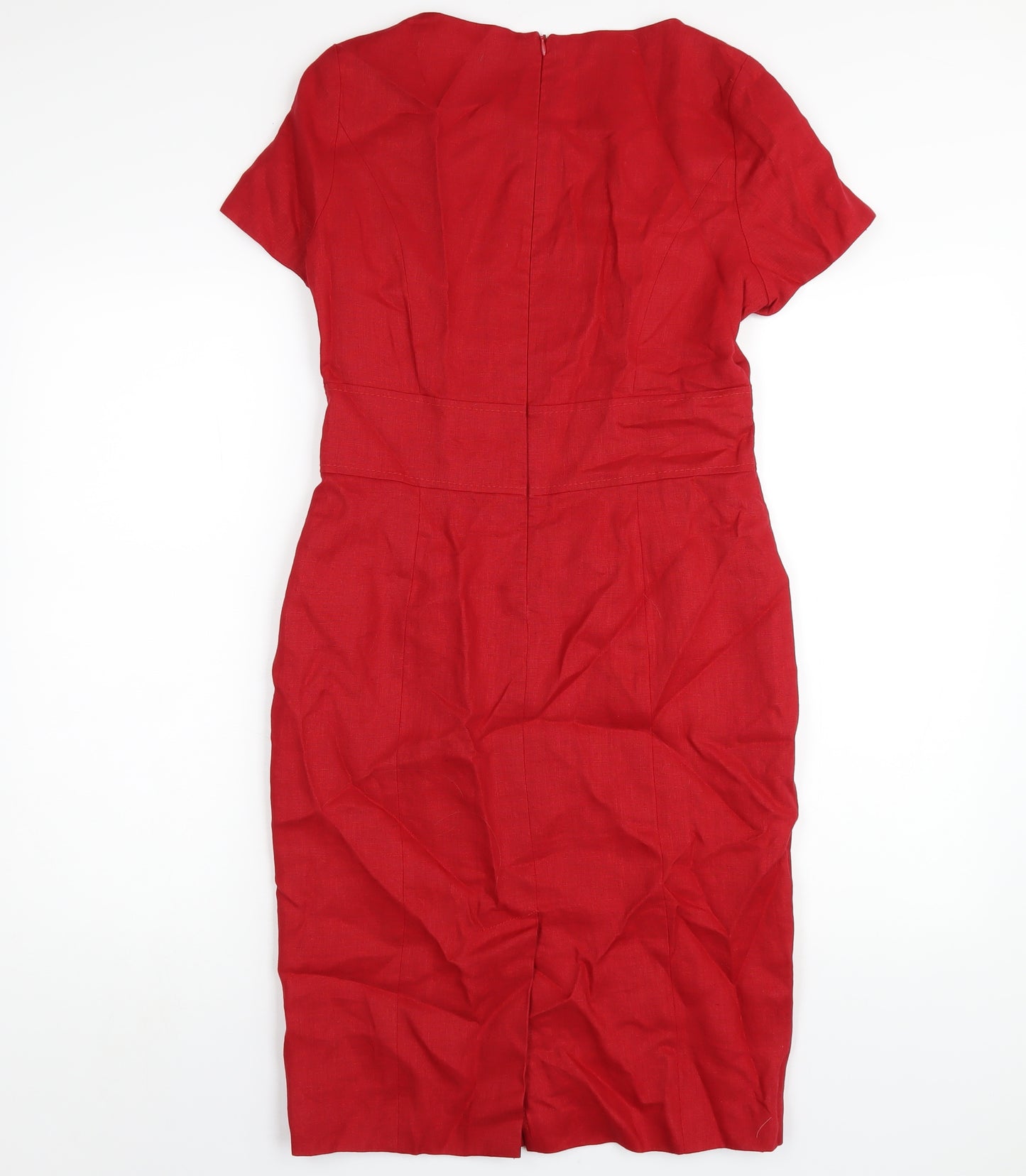 Debenhams Womens Red Linen Pencil Dress Size 10 Square Neck Zip
