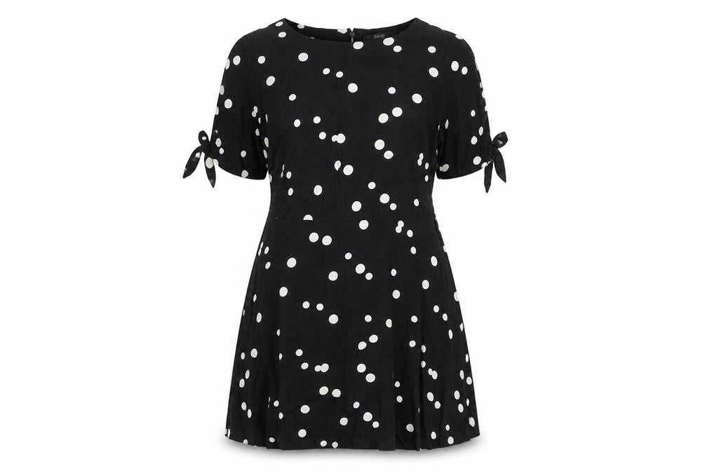 Front view of Next women’s black polka dot viscose a-line, size UK 12, round neck zip