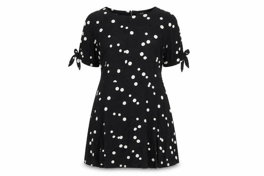Front view of Next women’s black polka dot viscose a-line, size UK 12, round neck zip