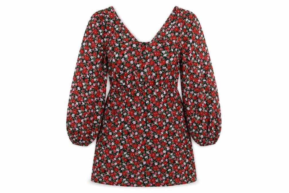 Front view of PRETTYLITTLETHING women’s multicoloured floral polyester a-line, size UK 12, scoop neck pullover