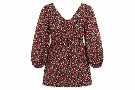 Front view of PRETTYLITTLETHING women’s multicoloured floral polyester a-line, size UK 12, scoop neck pullover