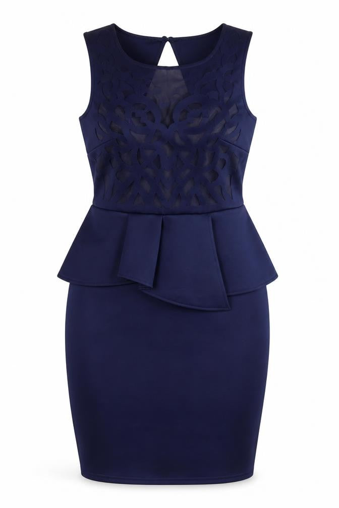 Front view of Lipsy women’s blue polyester bodycon, size UK 10, round neck zip