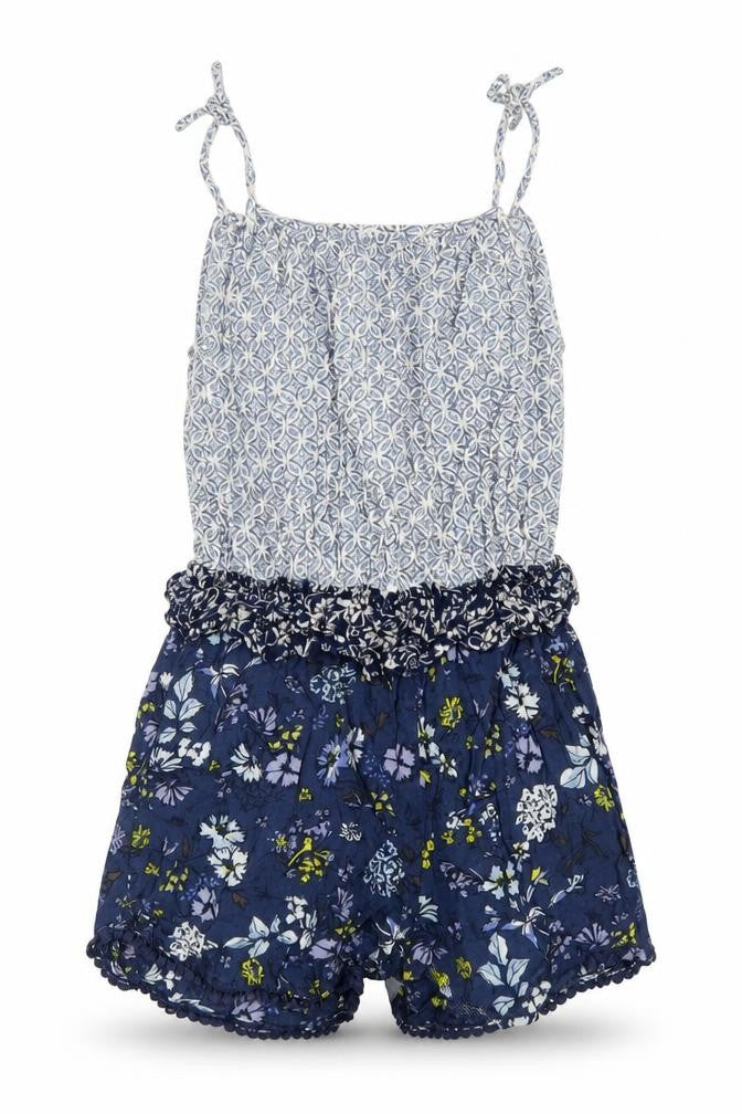 Front view of Next girls’ blue geometric vinyl playsuit one-piece, size 10, years pullover