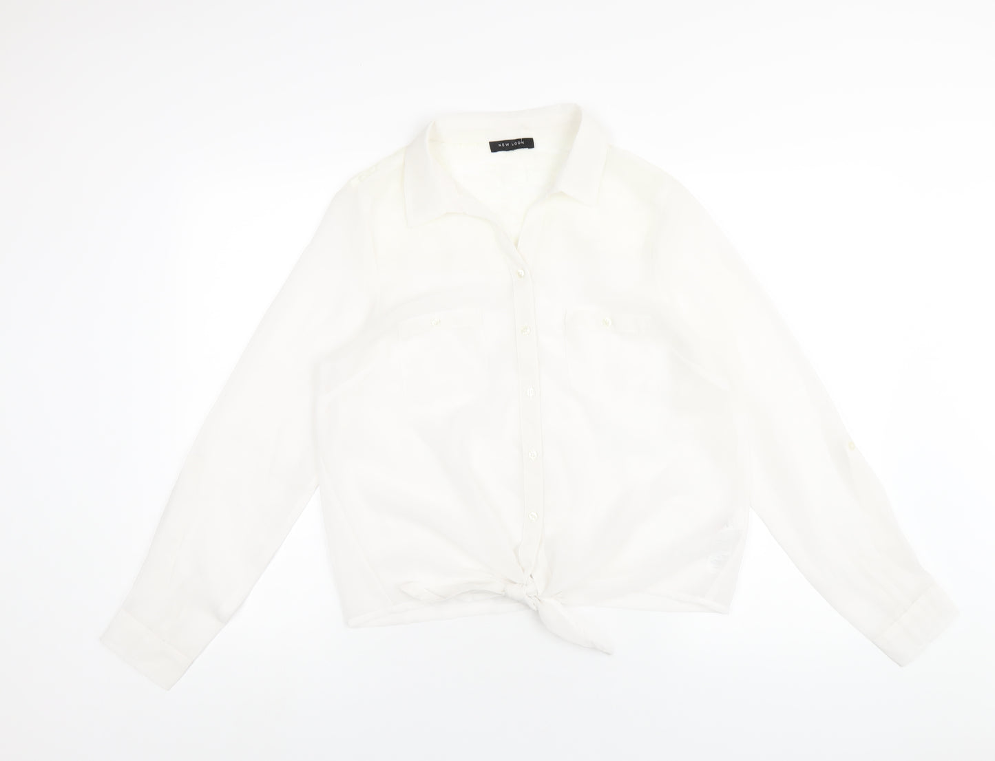 New Look Womens White Polyester Basic Button-Up Size 14 Collared